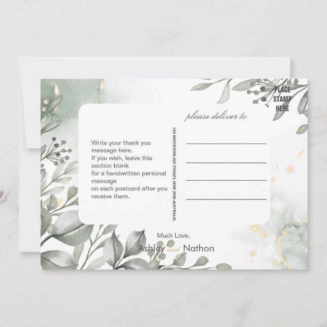 Convites Casamento Eucalyptus verde e dourado (Frente)