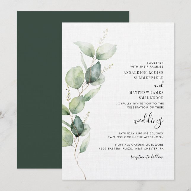 Convites Casamento Eucalyptus Watercolor (Frente/Verso)