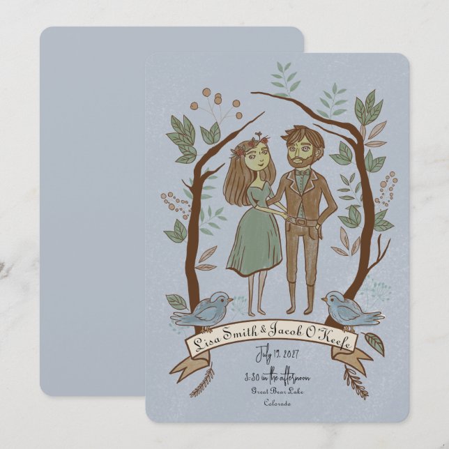 Convites Casamento Excêntrico de Casal Ilustrado (Frente/Verso)