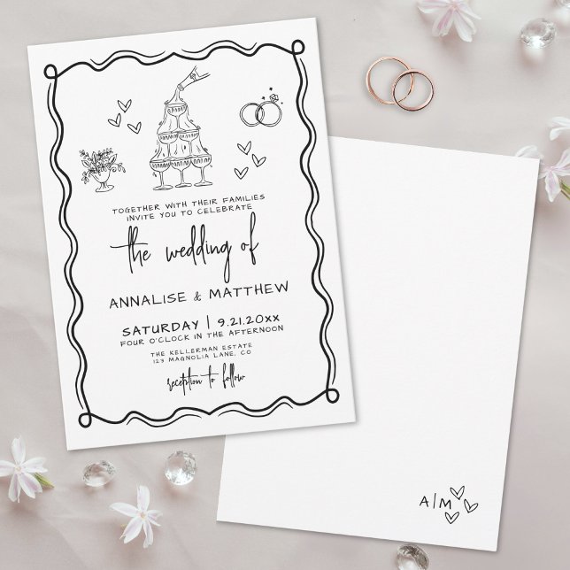 Convites Casamento Excêntrico Desenhado à Mão Caprichoso (Quirky Hand Drawn Whimsical Wedding Invitation )