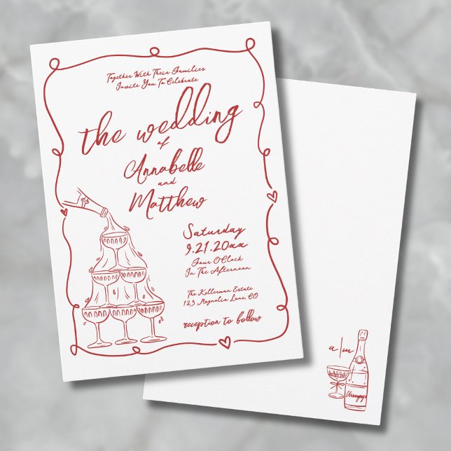 Convites Casamento Excêntrico Desenhado à Mão com Vermelho  (Red Whimsical Hand Drawn Quirky Wedding Invitation)