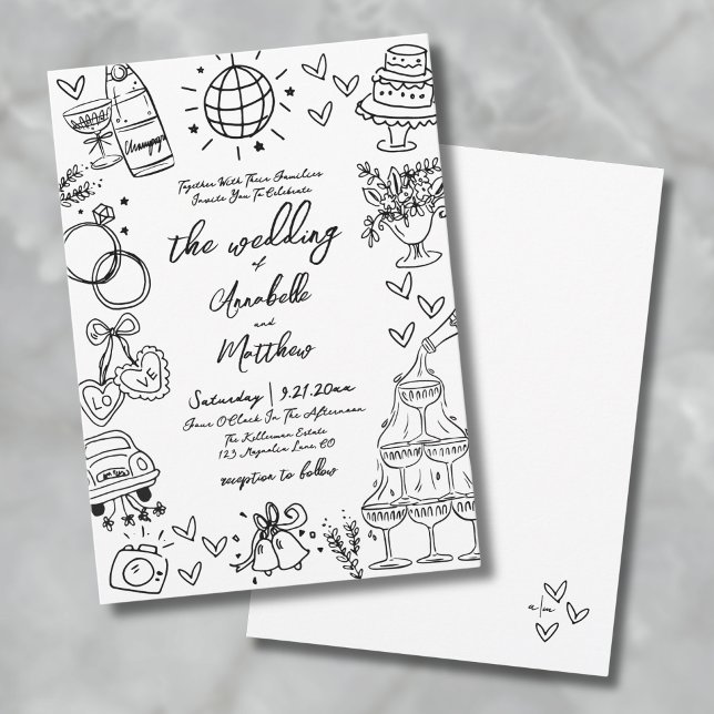 Convites Casamento Excêntrico e Caprichoso Desenhado à Mão (Hand Drawn Quirky Whimsical Wedding Invitation)