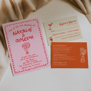 Convites Casamento Excêntrico Única Rosa Vermelho Desenhado