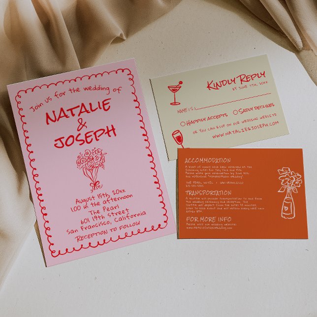 Convites Casamento Excêntrico Única Rosa Vermelho Desenhado (Criador carregado)