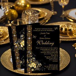 Convites Casamento Exótico Preto Dourado Floral Borboleta 