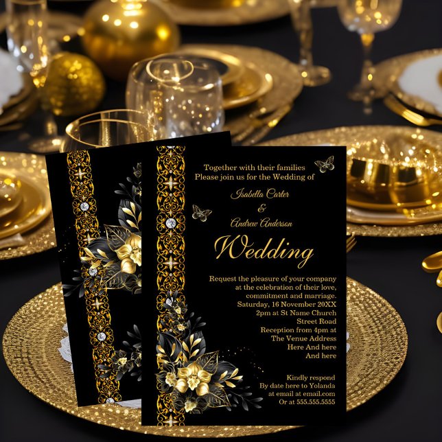 Convites Casamento Exótico Preto Dourado Floral Borboleta  (Criador carregado)
