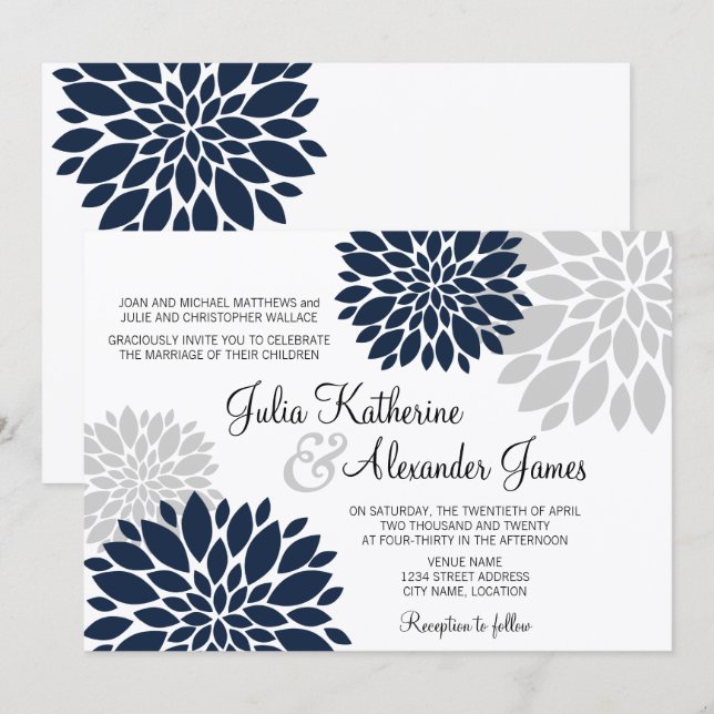 Convites Casamento Explosão Floral Azul Naval e Cinza Prata (Frente/Verso)