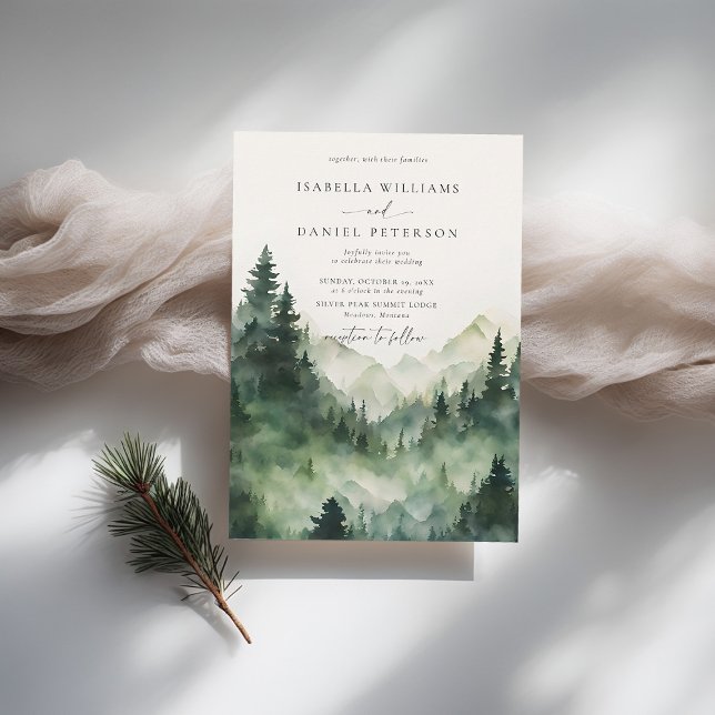 Convites Casamento Exterior da Floresta da Cena das Montanh (mountains wedding invitation rustic outdoors forest pine scene watercolor elegant modern chic)