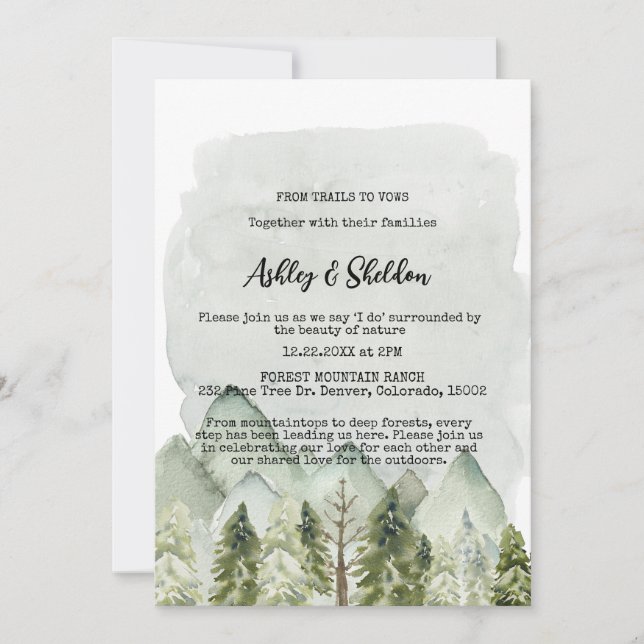 Convites Casamento Exterior Rustic Green Pine Tree Mountain (Frente)