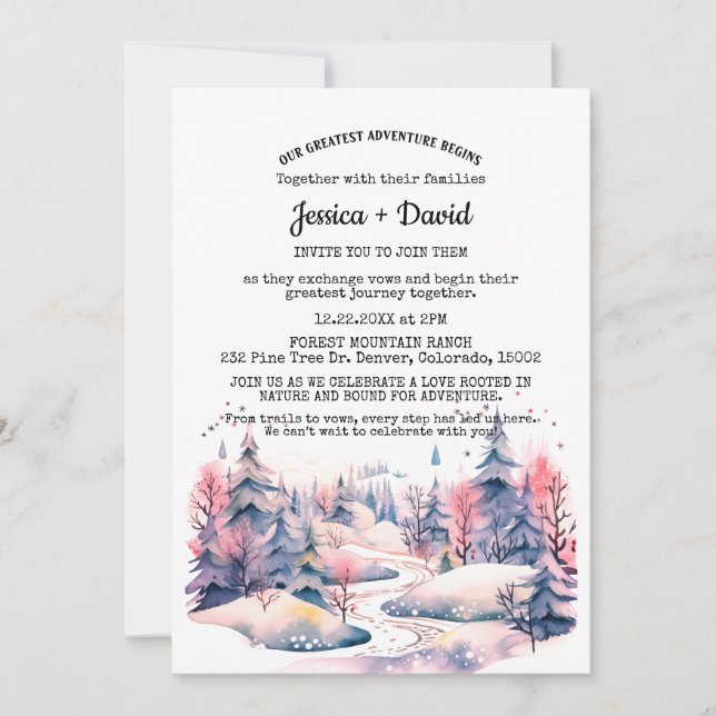 Convites Casamento Exterior Rustic Winter Forest Rail Snow (Frente)