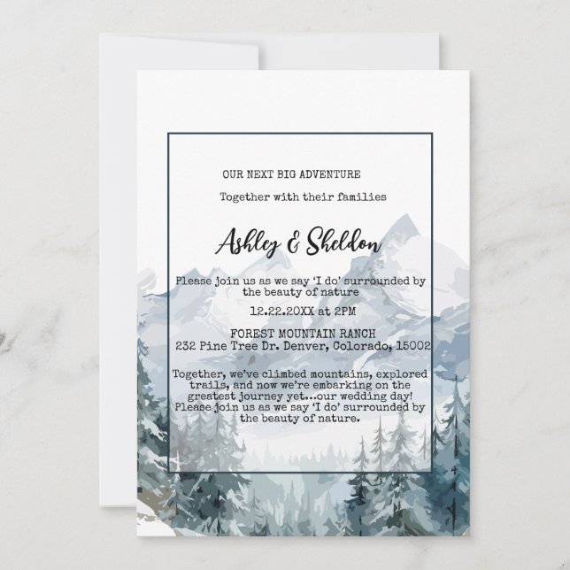 Convites Casamento Exterior Rustic Winter Pine Trees Mounta (Frente)