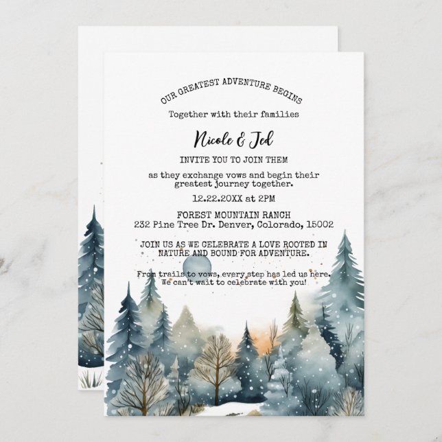 Convites Casamento Exterior Rustic Winter Pine Trees Snow O (Frente/Verso)
