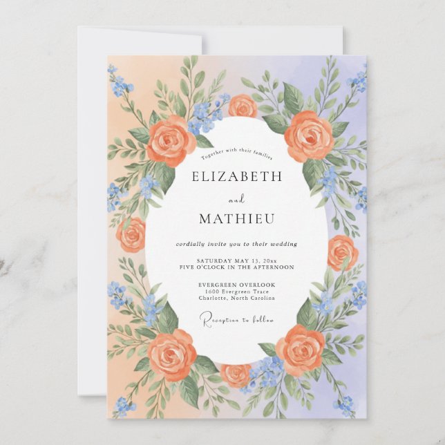 Convites Casamento Exuberante de Primavera Azul Pêssego (Frente)