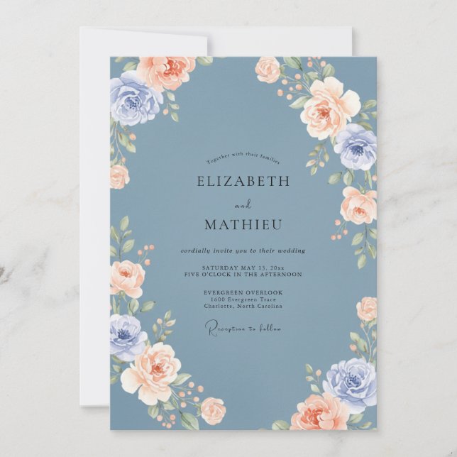 Convites Casamento Exuberante de Primavera em Azul Aço (Frente)