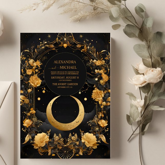 Convites Casamento Falso Ouro Lua e Estrelas Celestiais (Criador carregado)