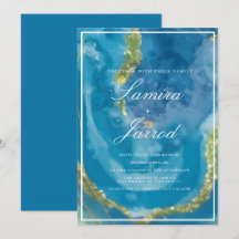 Casamento Falso Ouro Mão em Aquarela Azul Ágata