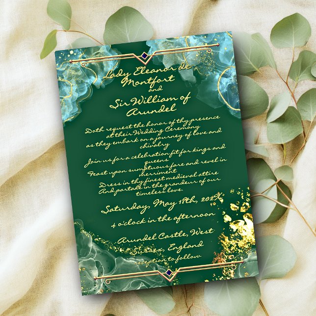 Convites Casamento Fantasia2 Mármore Verde Dourado Romântic (Romantic Gold Green Marble Fantasy2 Wedding Invitation)