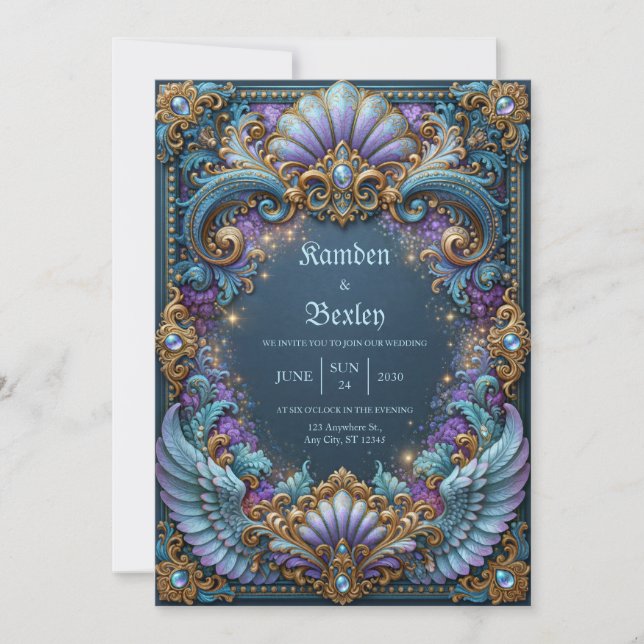Convites Casamento Fantasia com Asa Lavanda (Frente)