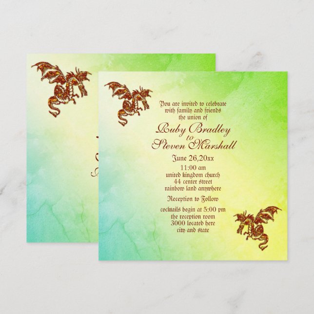 Convites Casamento Fantasia do Dragão Flaming Verde Marble (Frente/Verso)