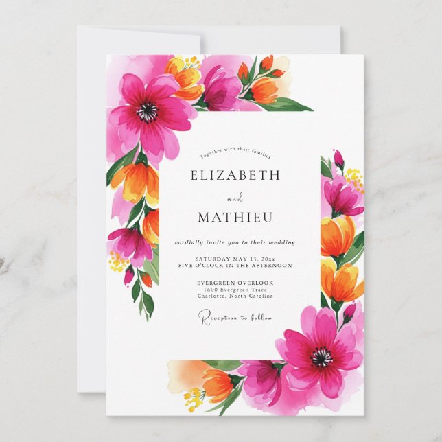 Convites Casamento Fantasia Flor Magenta (Frente)