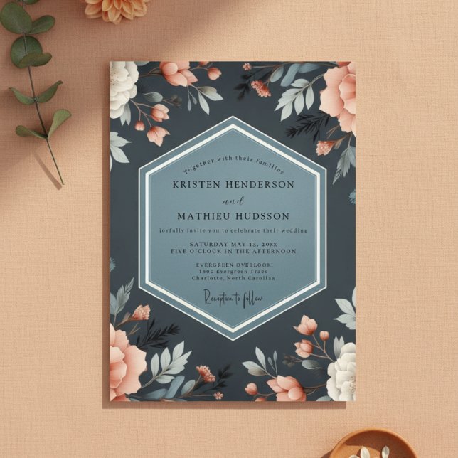 Convites Casamento Fantasia Floral Azul Profundo (Criador carregado)