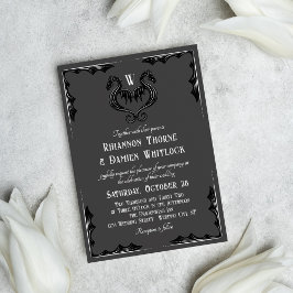Convites Casamento Fantasia Monograma de Dragão Preto Cinza