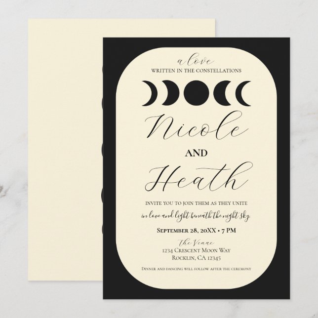 Convites Casamento Fase da Lua Luxo Lunar Preto e Creme  (Frente/Verso)