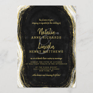 Convites Casamento Fatia de Ágata Geodo Preto Branco & Ouro