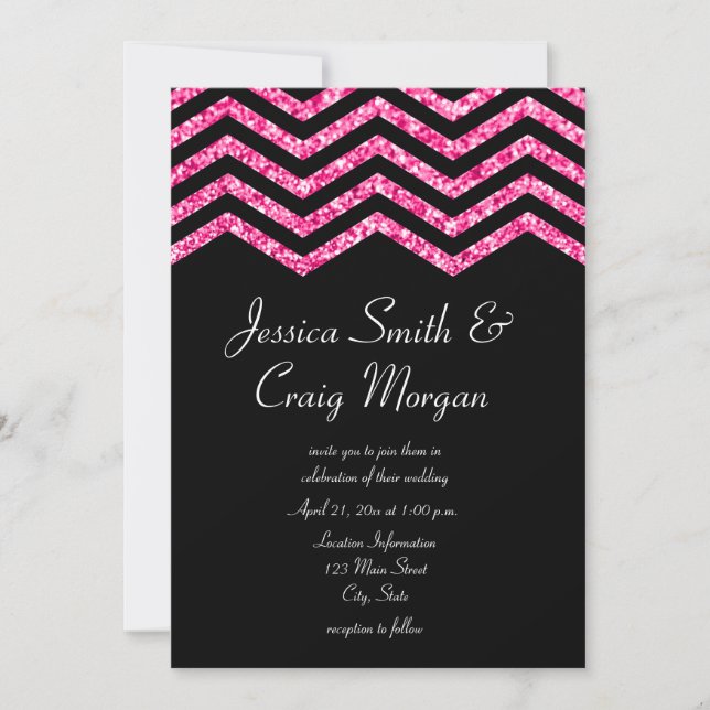 Convites Casamento Faux Hot Pink e Black Glitter Chevron (Frente)