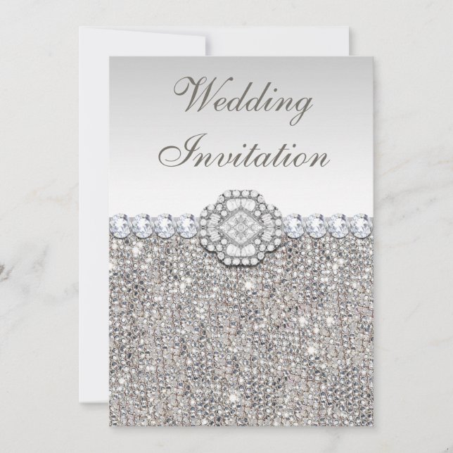 Convites Casamento Faux Silver Sequins and Diamond Images (Frente)