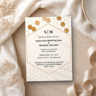 Convites Casamento favo de mel dourado bege