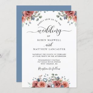 Convites Casamento Feliz de Azul e Blush com Dusty Floral
