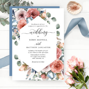 Convites Casamento Feliz de Azul e Blush com Dusty Floral
