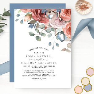 Convites Casamento Feliz Floral Dusty Azul e Blush