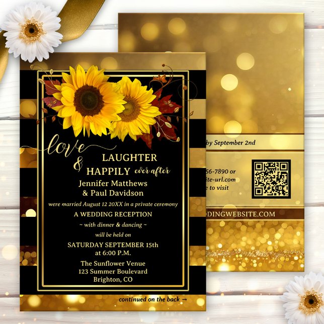 Convites Casamento Feliz Para Sempre Girassol Sol Preto (Happily ever after wedding invitation featuring sunflowers and autumn leaves on chic black)