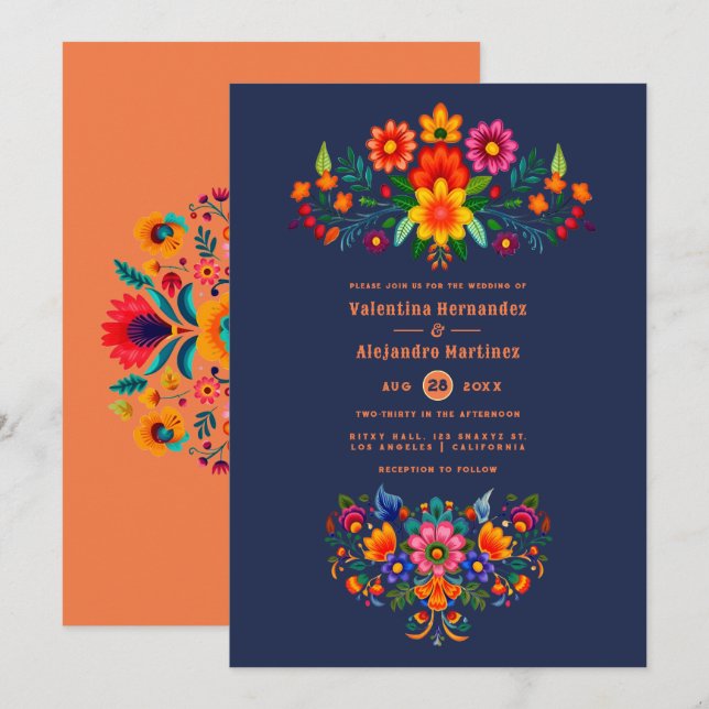 Convites Casamento Fiesta de Arte Popular Midnight Blue & P (Frente/Verso)
