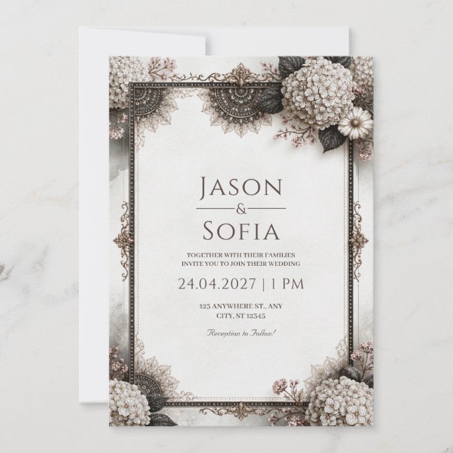 Convites Casamento Filigrana Hortênsia Sépia (Frente)