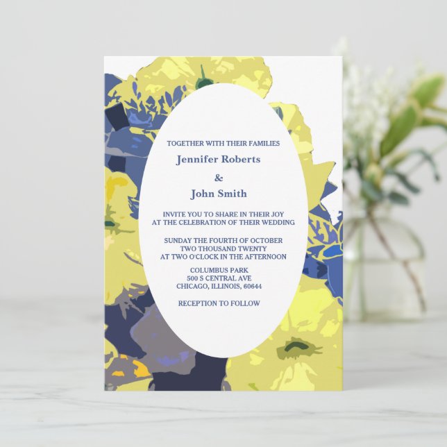 Convites Casamento Fixe-Alce Amarelo Azul-Azul-Artefato Per (Em pé/Frente)