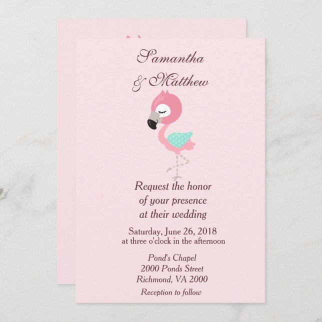 Convites Casamento Flamingo Rosa Kawaii (Frente/Verso)