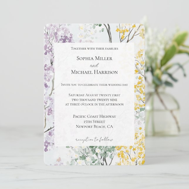 Convites Casamento Flor Amarela Verde Lavanda Roxa (Em pé/Frente)