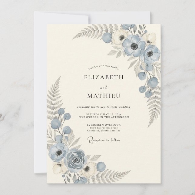 Convites Casamento Flor Celeste Azul Empoeirado (Frente)