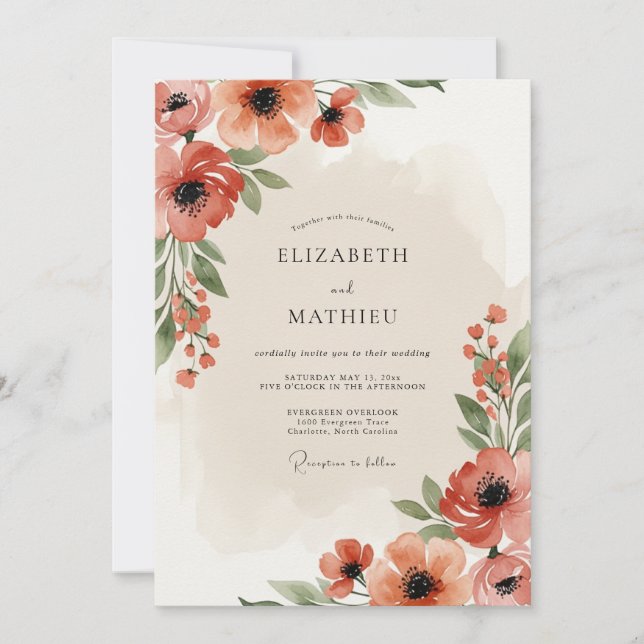 Convites Casamento Flor Coral Verdejante (Frente)