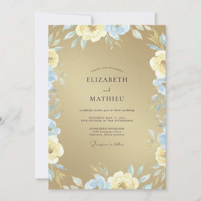 Convites Casamento Flor de Açúcar Azure Dourado (Frente)