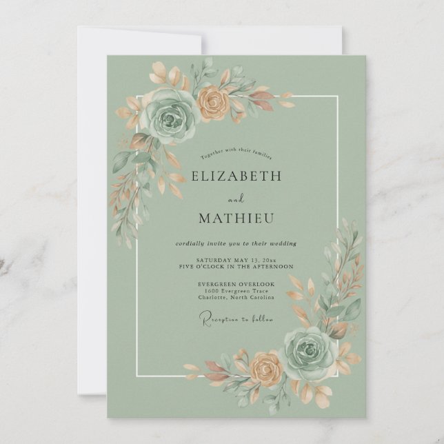 Convites Casamento Flor de Água Celadon (Frente)