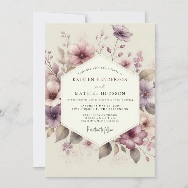 Convites Casamento Flor de Aguarela Bege (Frente)