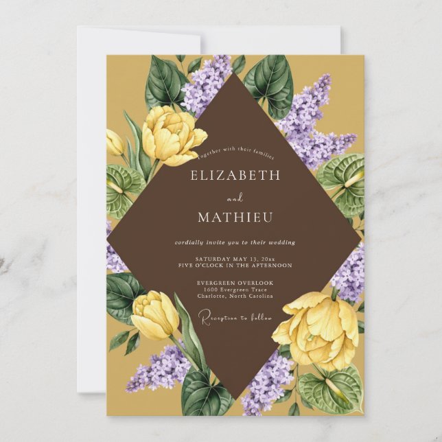 Convites Casamento Flor de Amarelo Roxo (Frente)