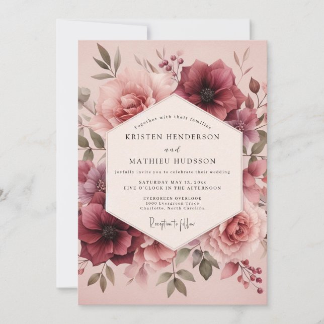 Convites Casamento Flor de Aquarela Borgonha (Frente)