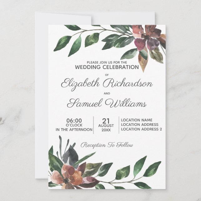 Convites Casamento Flor de Aquarela de Borgonha de Outono (Frente)