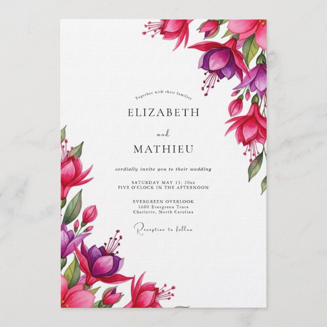 Convites Casamento Flor de Aquarela Fúcsia (Frente)