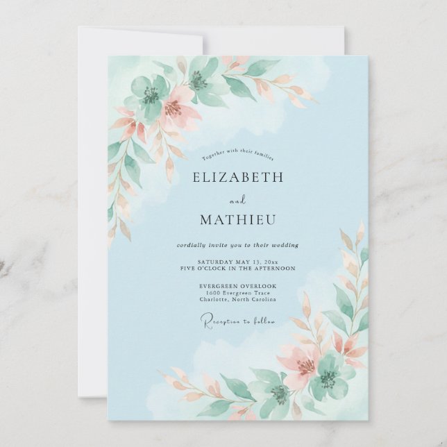 Convites Casamento Flor de Ar Azeitona Celeste (Frente)